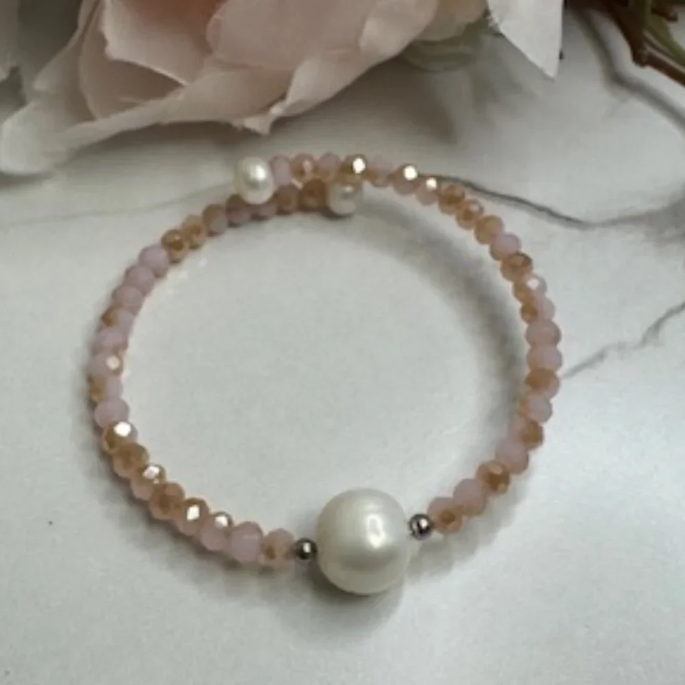 6-11mm White Cultured Freshwater Pearl Crystal Stainless Steel Wire Bracelet